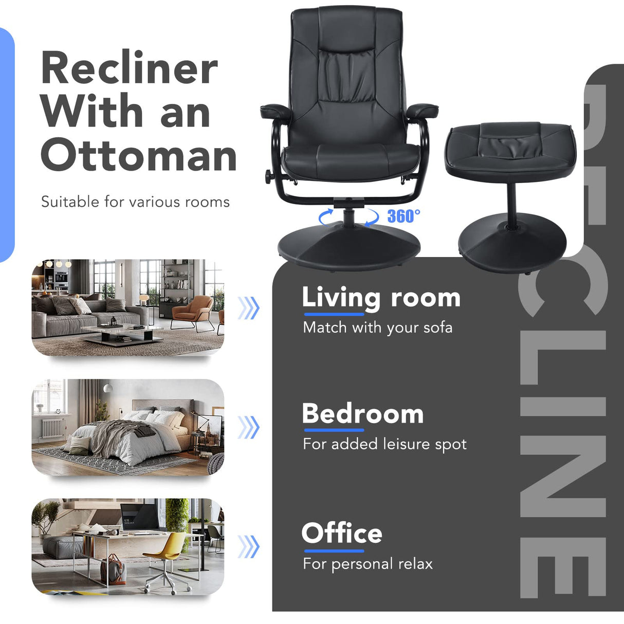 Giantex Recliner Chair with Ottoman, 360° Swivel Leather Reclining Chair with Stable Steel Base, Soft Sponge Padding, Modern Classic Leisure Chaise Lounge Chair for Living Room, Office, Home (Black) Giantex