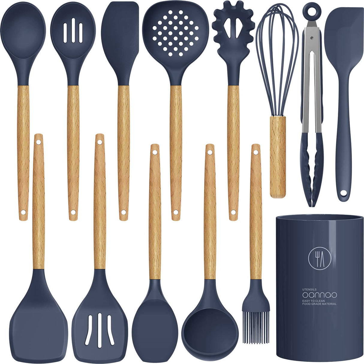 Silicone Cooking Utensils Set - 446°F Heat Resistant Silicone Kitchen Utensils for Cooking,Kitchen Utensil Spatula Set w Wooden Handles and Holder, BPA FREE Gadgets for Non-Stick Cookware (Navy Blue) oannao