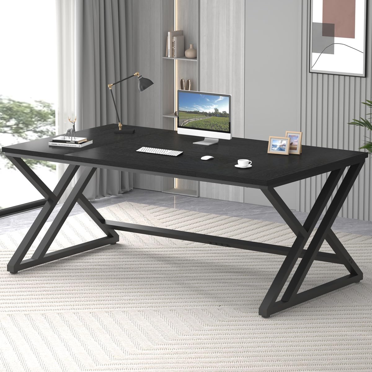 LVB 70.8" Black Computer Desk, Large Industrial Pc Study Home Office Desk, Long Modern Wood Gaming Work Writing Desk for 2 Person, Farmhouse Double Workstation Executive Desk with Storage in Bedroom LVB