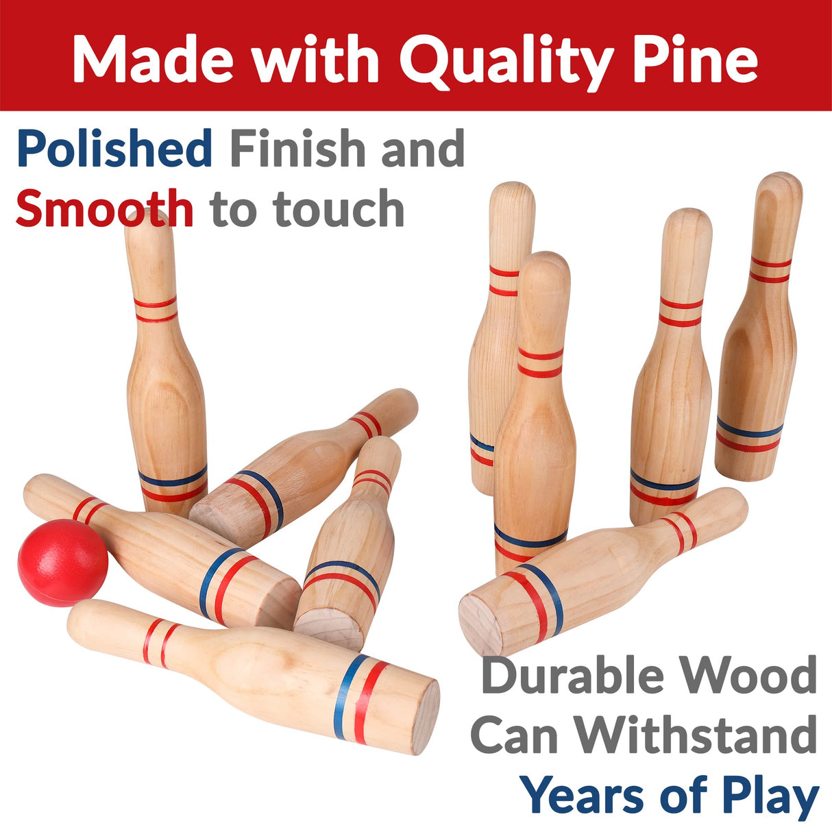 STERLING Sports Premium Wooden Lawn Bowling Skittles Set 11" Pins with Carrying Mesh Bag - 10 Heavy Solid Wooden Pins and 2 Balls - for Indoors and Outdoors STERLING