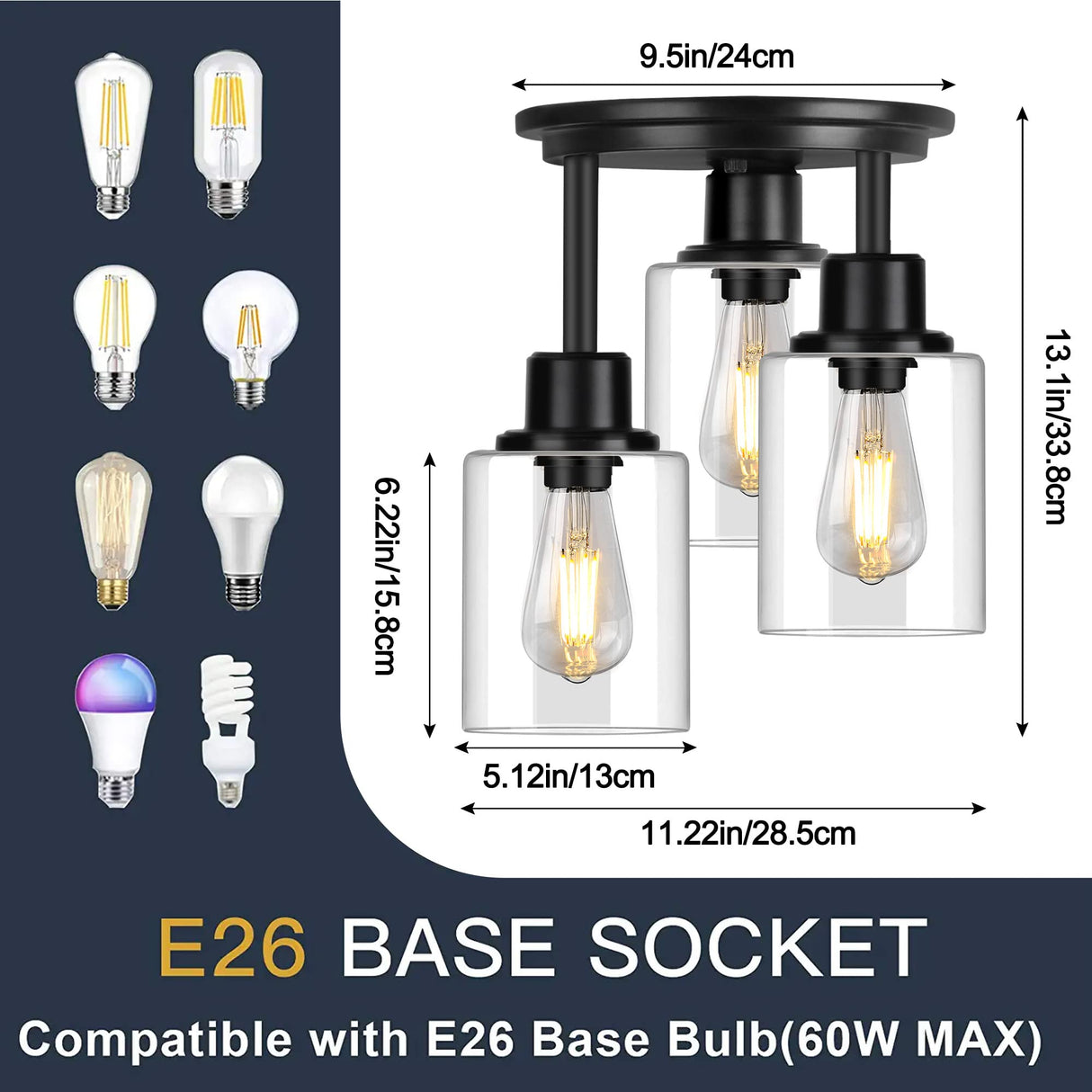 ROTTOGOON Semi Flush Mount Ceiling Light, 3-Light Close to Ceiling Light Fixtures, Matte Black Kitchen Light Fixtures with Clear Glass Shades, Hallway Light Fixtures Ceiling Mount for Foyer Entryway ROTTOGOON