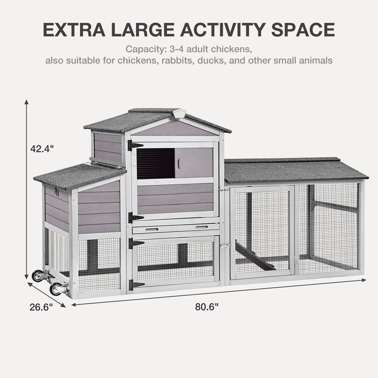 MEDEHOO 80in Chicken Coop with Wheels - Expandable Large Waterproof Chicken House for Outdoor with Nesting Box, Leakproof Pull-on Tray, and UV-Resistant Roof MEDEHOO