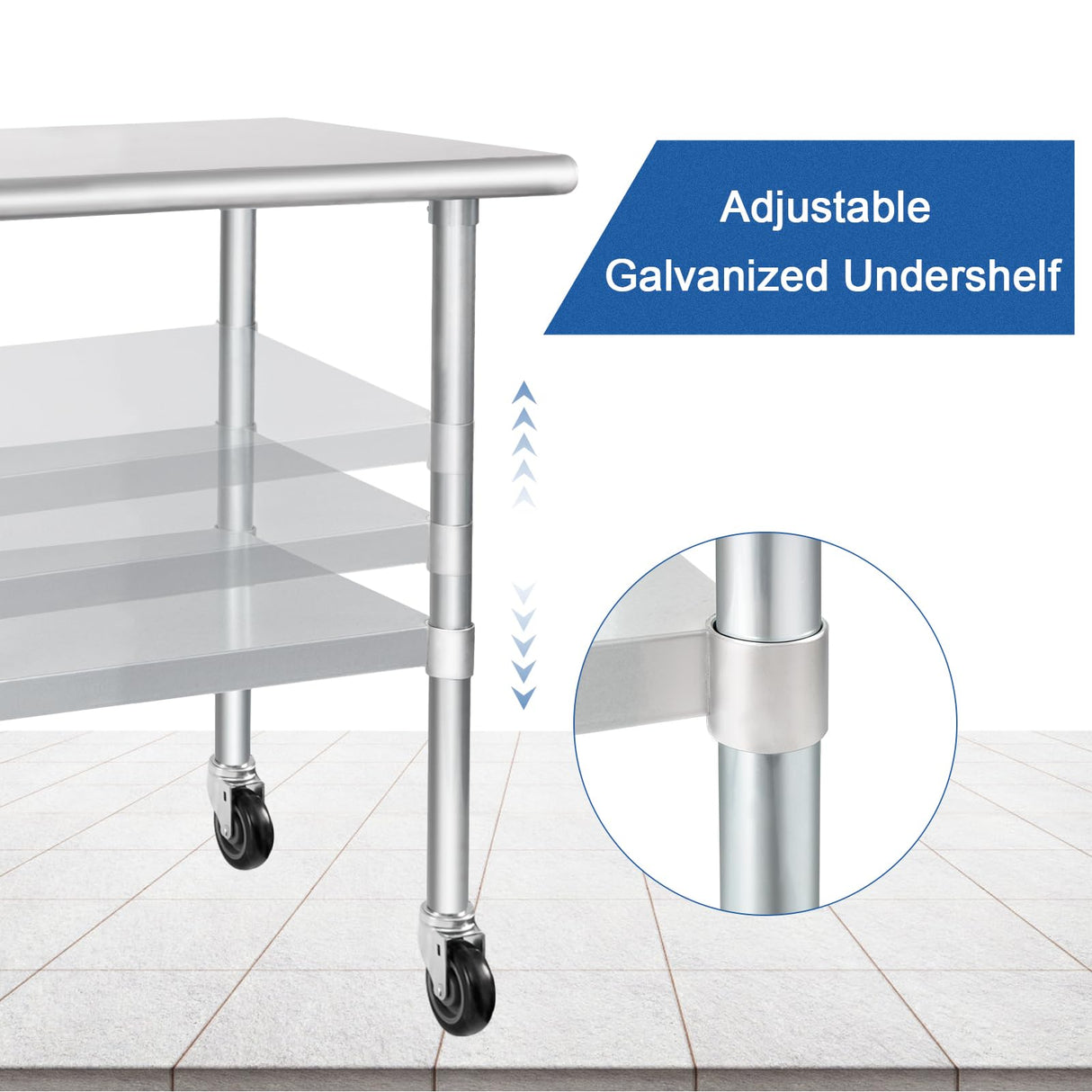 HARDURA Stainless Steel Table with Wheels 24 x 60 Inches Casters NSF Heavy Duty Commercial Work & Prep Table with Undershelf and Galvanized Legs for Restaurant Kitchen Bar and Hotel Garage HARDURA Restaurant Equipment