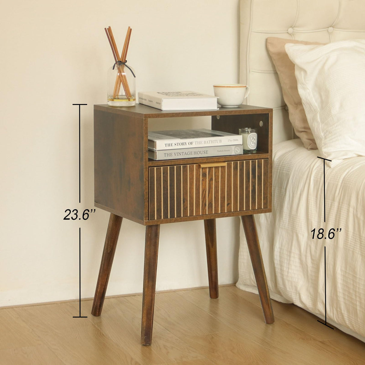 MaxSmeo Small Nightstand with Drawer, Mid Century Modern Bedside Table for Bedroom and Small Spaces, Solid Wood Legs, Easy Assembly, Rustic Brown MaxSmeo