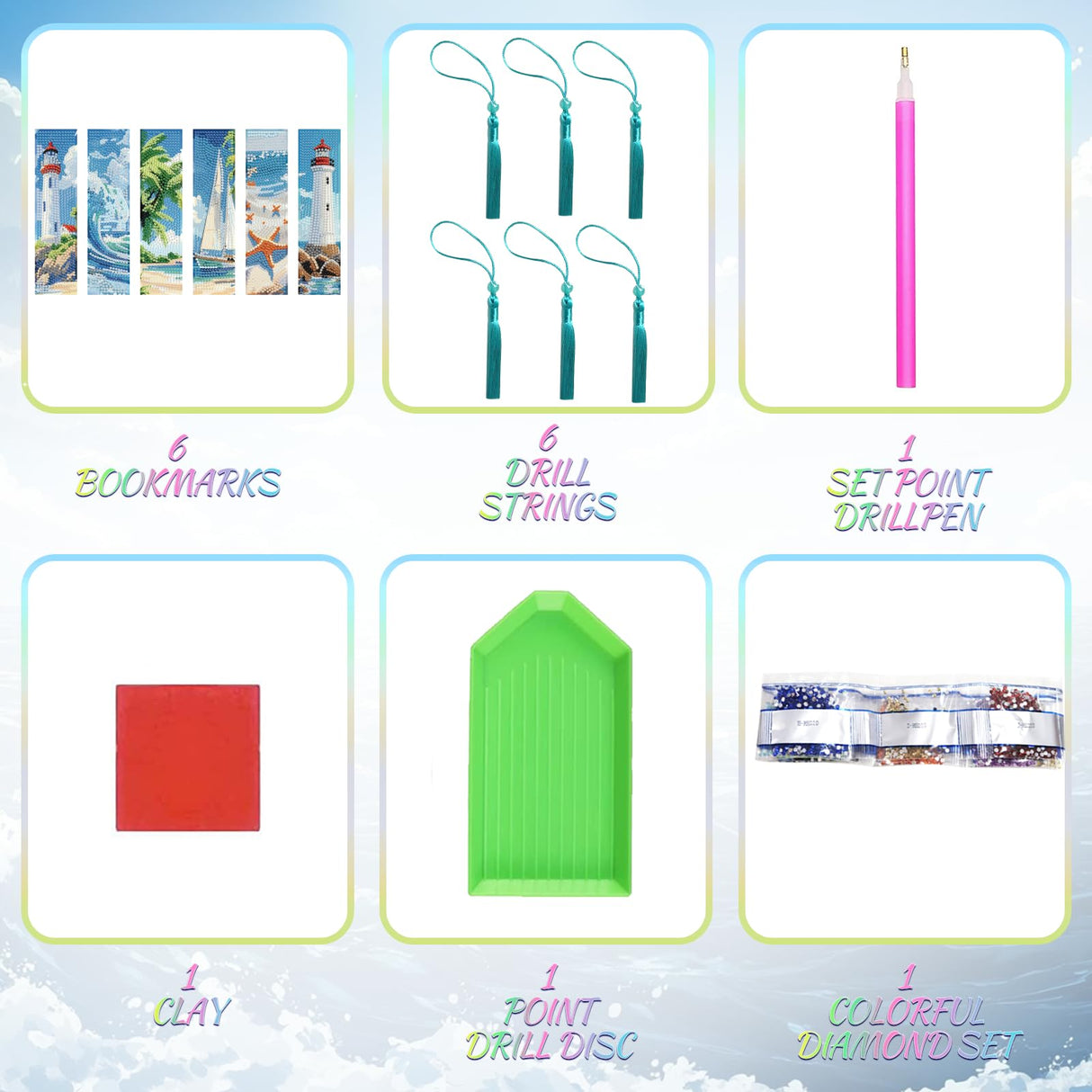 beinkmake 6Pcs Summer Ocean 5D Diamond Art Bookmarks Sea Diamond DIY Painting Bookmarks Lighthouse Sailboat Beach Starfish Rhinestones Beaded Acrylic Tassel Bookmark for Adult Beginner Crafts beinkmake