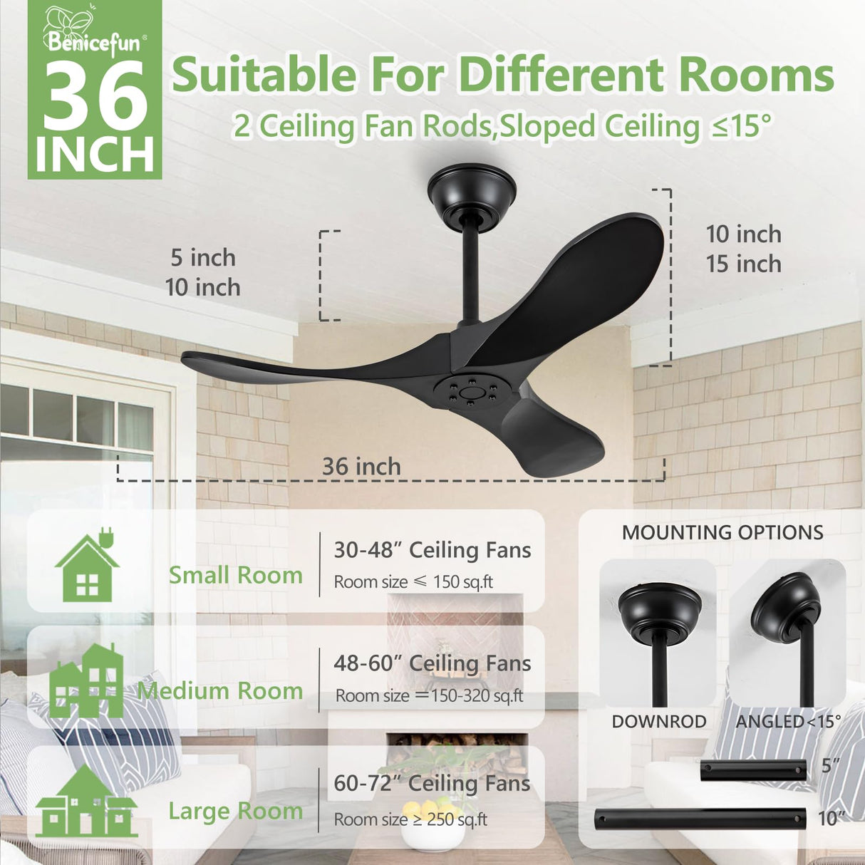 Benicefun 36 Inch Black Ceiling Fan No Light,Small Ceiling Fans Without Lights, Small Modern 3 Blade Quiet Dc Ceiling Fan For Slanted Ceilings, Rustic Wood Ceiling Fan For Gazebo With Remote Benicefun