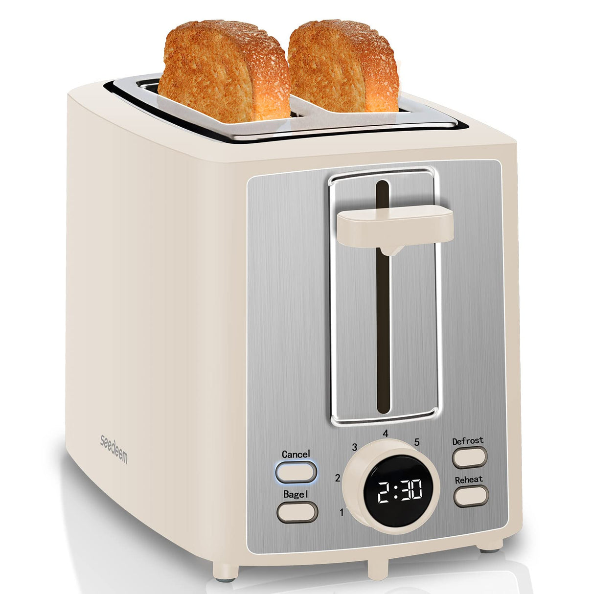 SEEDEEM Toaster 2 Slice, Bread Toaster with LCD Display, 7 Shade Settings, 1.4'' Extra Wide Slots Toaster with Cancel, Bagel, Defrost, Reheat Functions, Removable Crumb Tray, 900W, Cream White SEEDEEM