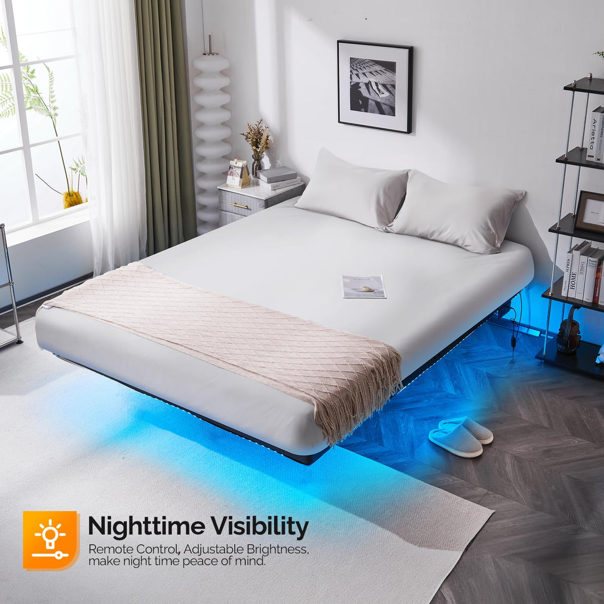 VINGLI King Floating Bed Frame with USB Charging & LED Lights - Heavy Duty Metal Platform, No Box Spring Needed VINGLI