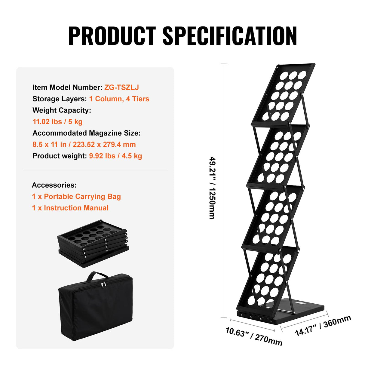 VEVOR Foldable Magazine Display Rack, 4-Tier Brochure Literature Display Stand, Portable Catalog Brochure Holder Stand with Carrying Bag for Office Trade Show Exhibitions, 4 Pockets VEVOR