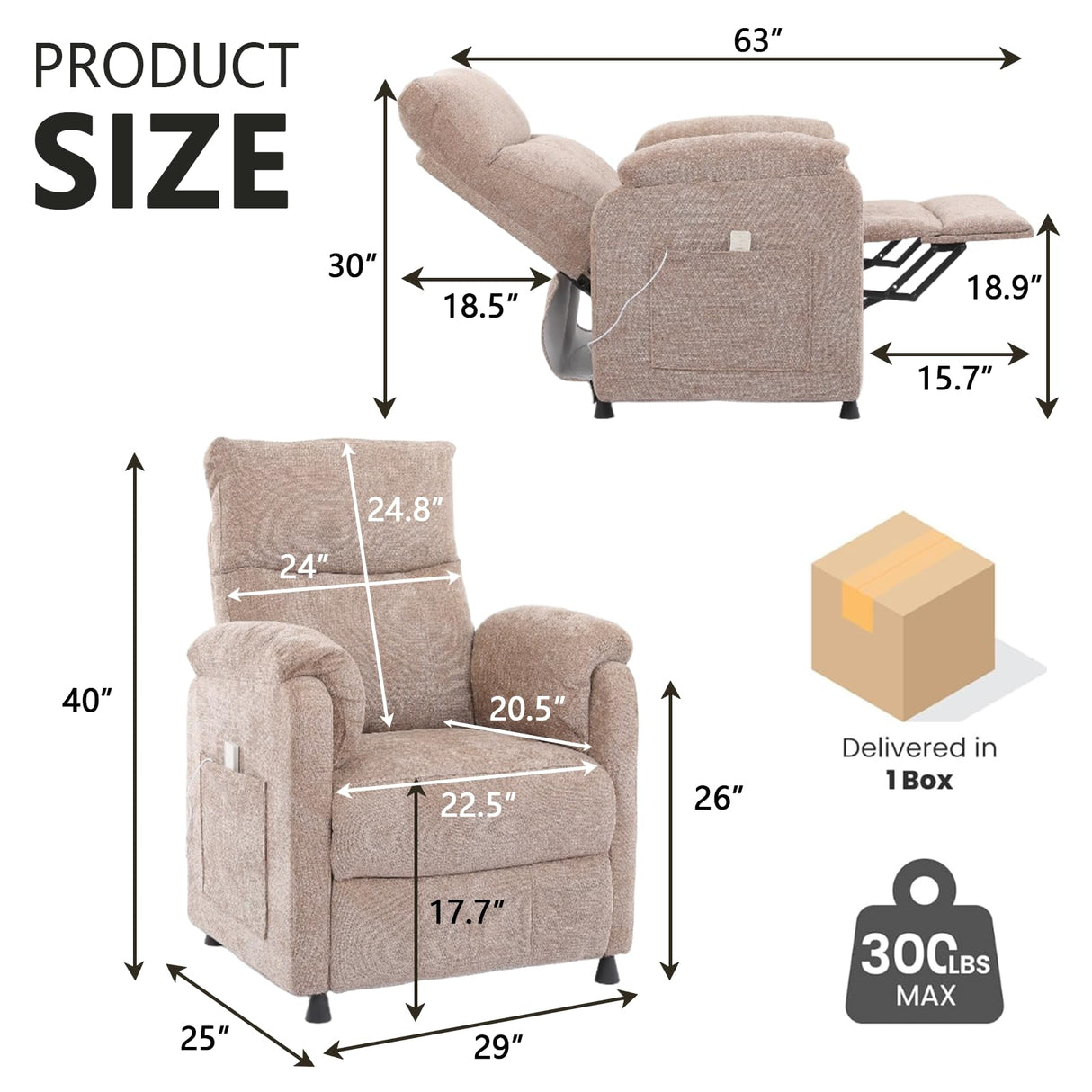 Chenille Power Recliner Chair for Living Room Bedroom|Electric|Remote Control|Side Pockets|Small|Adults (Brown) Anwick