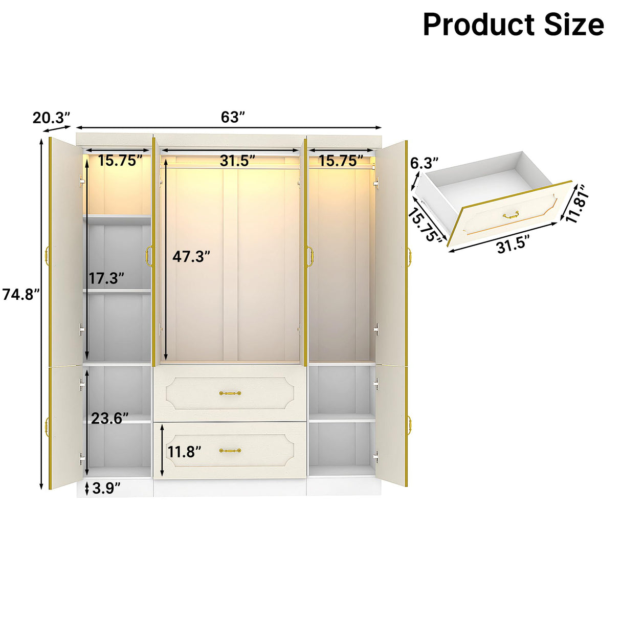 75" Tall 4 Doors Armoire Wardrobe Closet with Mirror and LED Light,Modern Freestanding White Wardrobe Armoire for Bedroom with Drawers,Modern Clothing Storage Cabinet for Bedroom(White) jiteentarou