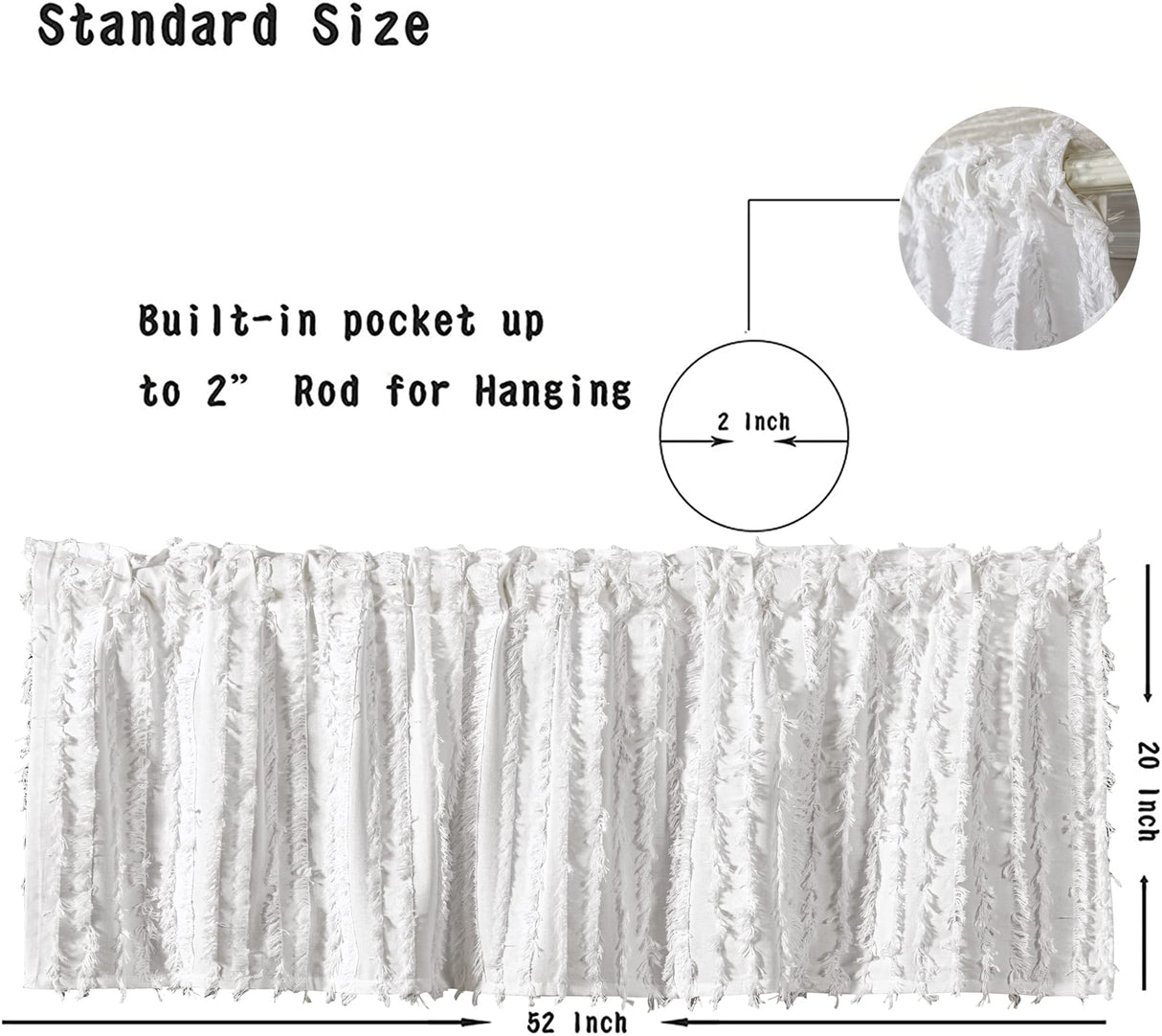 RoomTalks Boho Farmhouse White Curtain Valances Window Treatment for Bedroom Living Room Bathroom, Rod Pocket Shabby Chic Stripe Tassel Cotton Linen Decorative Kitchen Valances Curtain Topper, 18’’L RoomTalks