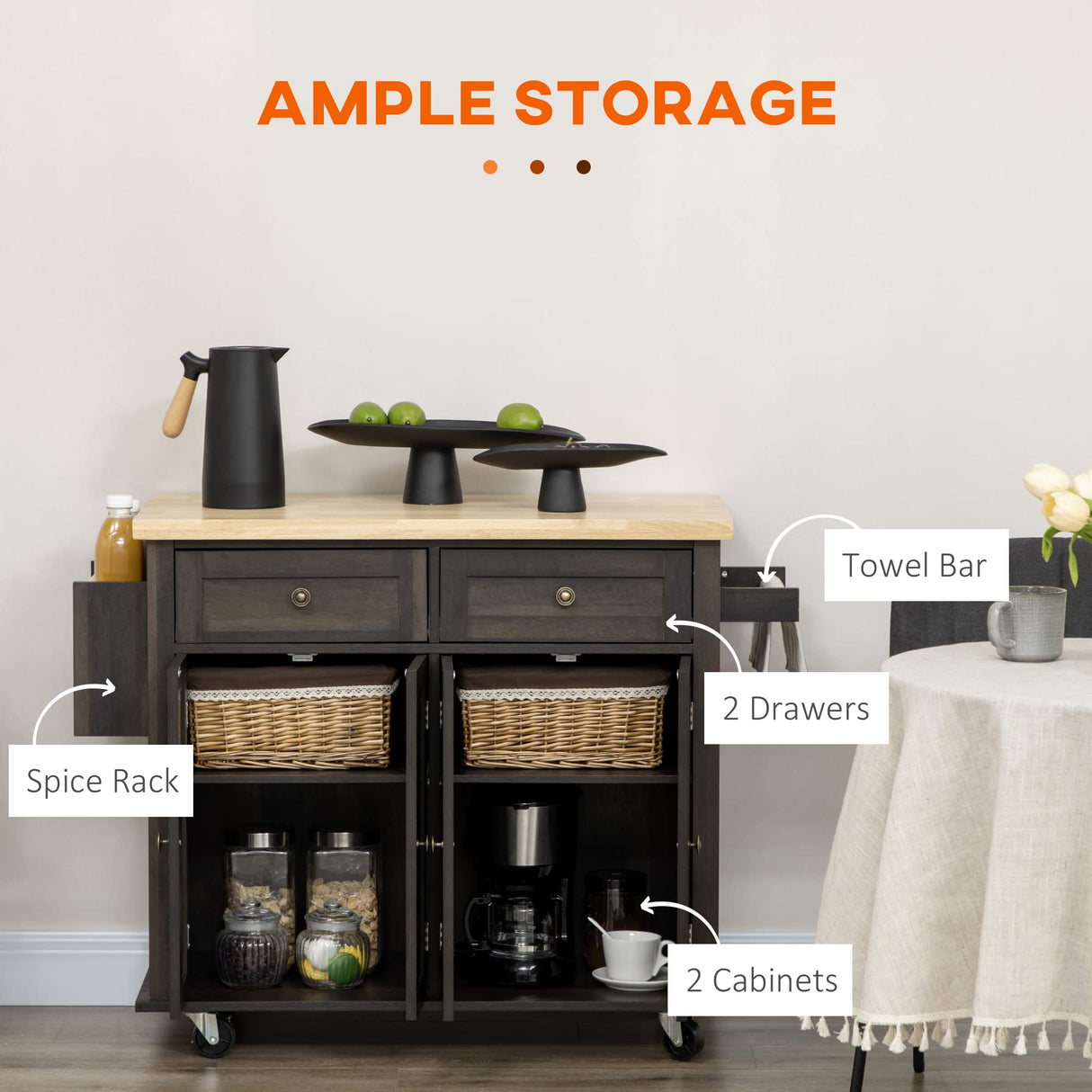 HOMCOM Kitchen Island on Wheels, Rolling Cart with Rubberwood Top, Spice Rack, Towel Rack and Drawers for Dining Room, Brown Oak HOMCOM