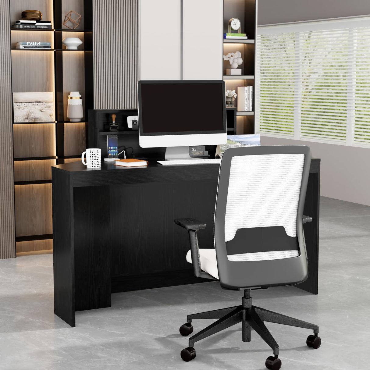 VOWNER 39.3" H Modern Reception Desk with LED Lighting, Office Counter with Display Cabinet, Secretary Desk with Power Outlets – Front Desk for Salon, Lobby – White (55.1" W x 21.2" D x 39.3" H) VOWNER