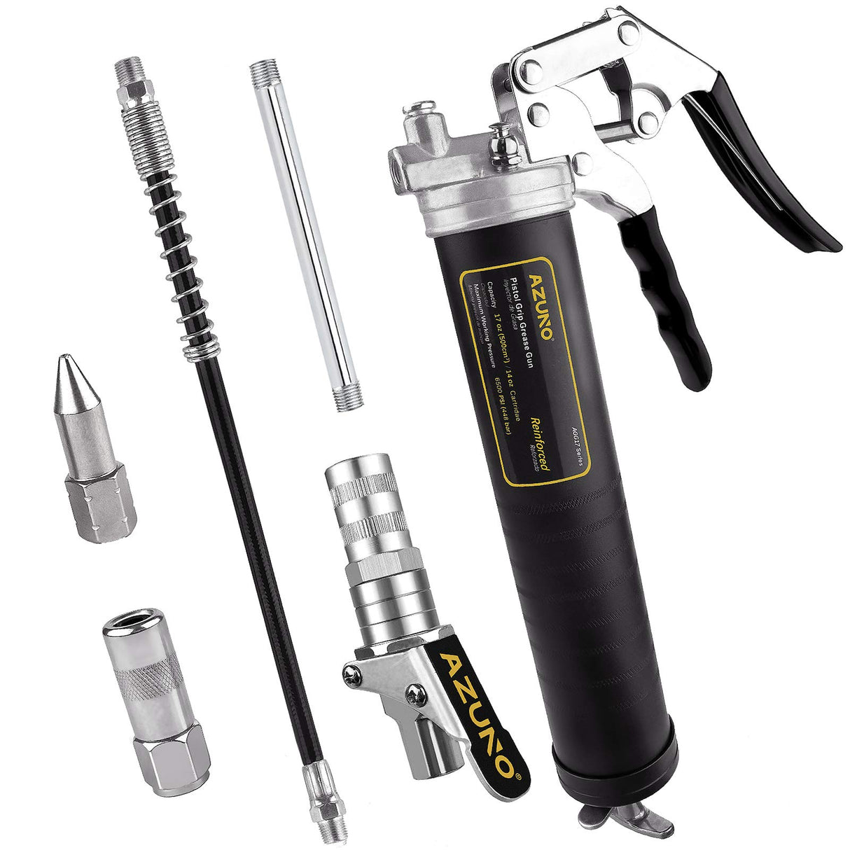 AZUNO Pistol Grip Grease Gun, 6500 PSI Heavy Duty Grease Guns with Flex Hose, Metal Extension, Professional Coupler and Sharp Nozzle AZUNO