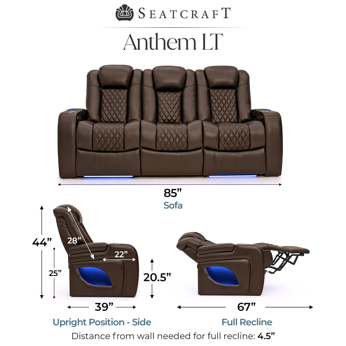 Seatcraft Anthem LT Zero-Gravity HeatZero Italian Leather Sofa w/Fold-Down Table Home Theater Seating, Heat & Massage, Power Headrest, Power Recline, Brown Seatcraft