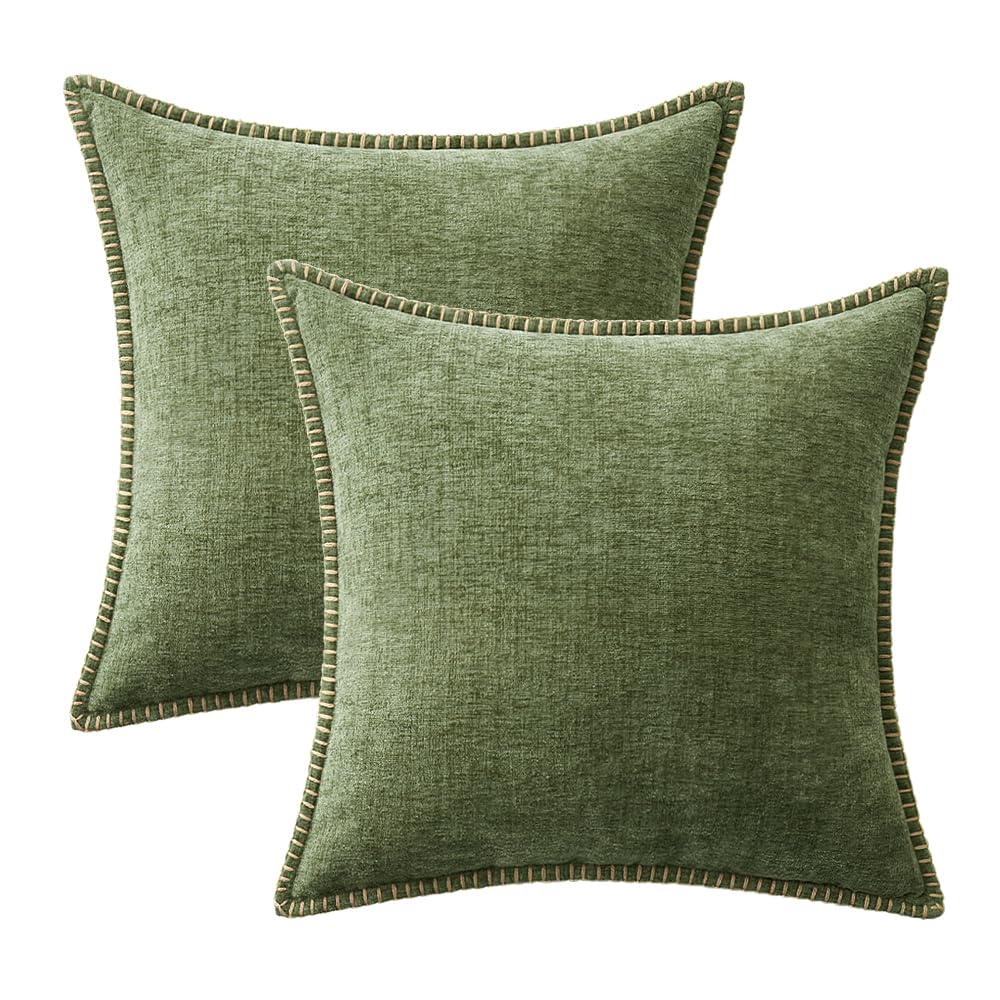 MIULEE Pack of 2 Couch Throw Pillow Covers 18x18 Inch Sage Green Farmhouse Decorative Pillow Covers with Stitched Edge Soft Chenille Solid Dyed Spring Pillow Covers for Sofa Bed Living Room MIULEE