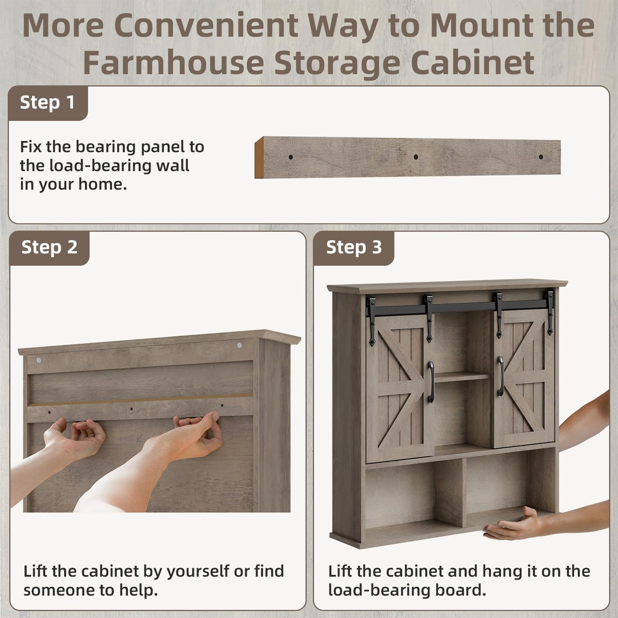 Vabches Bathroom Wall Cabinet, Farmhouse Wooden Medicine Cabinet with Double Sliding Barn Door and Adjustable Shelves, Farmhouse Storage Cabinet Wall Mounted for Bathroom, Kitchen Dining, Washed Oak Vabches