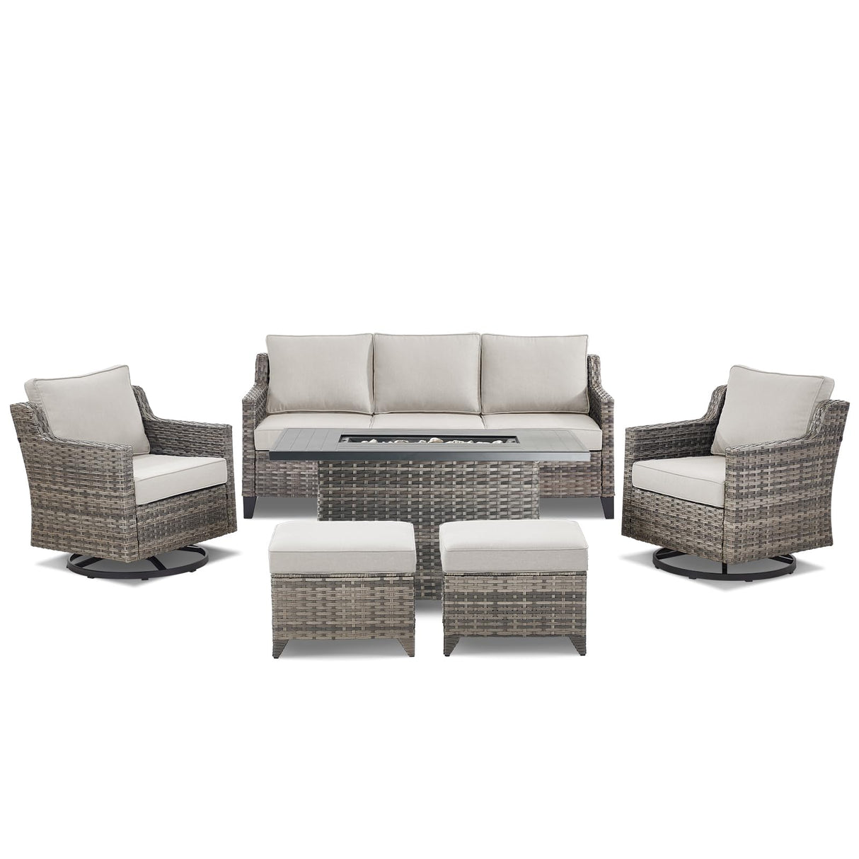 AMCLOBA Patio Furniture Set with 42.5" Fire Pit Table-6 Pieces All Weather Wicker Outdoor Furniture with High Back Swivel Patio Chairs Set of 2 Outdoor Couch for Deck Balcony Backyard Beige/Gray AMCLOBA