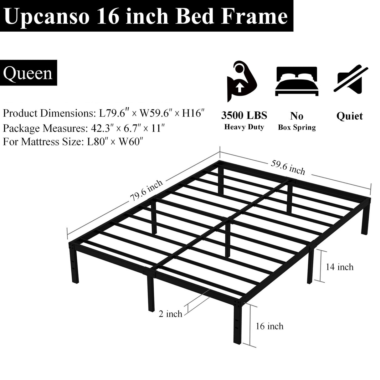 Upcanso 16 Inch Queen Bed Frame No Box Spring Required, Metal Platform Queen Size Bed Frames with 14 Inch Storage, 3,500 lbs Heavy Duty Steel Slats Support, Easy Assembly Mattress Foundation Upcanso
