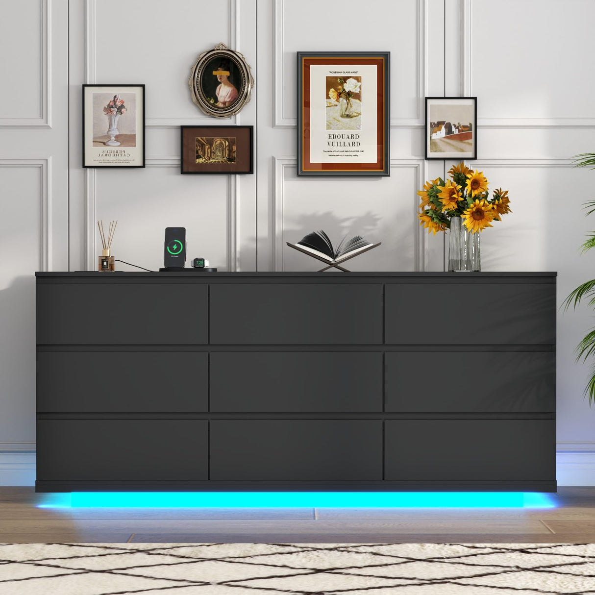 9 Drawer Dresser with Power Outlet,63'' Wide Floating Modern Dresser Chest of Drawers with LED Light,Wooden Dressers TV Stand,Double Wide Dressers Organizer for Bedroom,Living Room,Entryway (Black) Gyfimoie