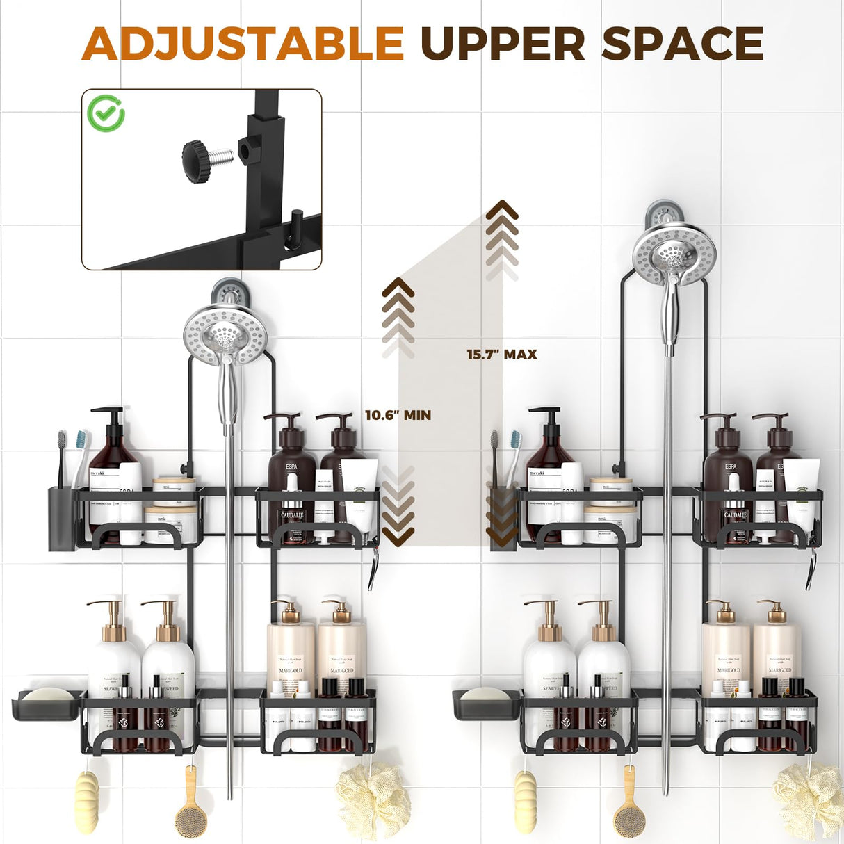 REINHARDT Shower Caddy Hanging for Handheld Showerheads Adjustable Split Shower Caddy, Rustproof Shower Organizer with Hooks for Razors Over the Head Caddy with Soap Holder Bathroom Accessories, Black REINHARDT