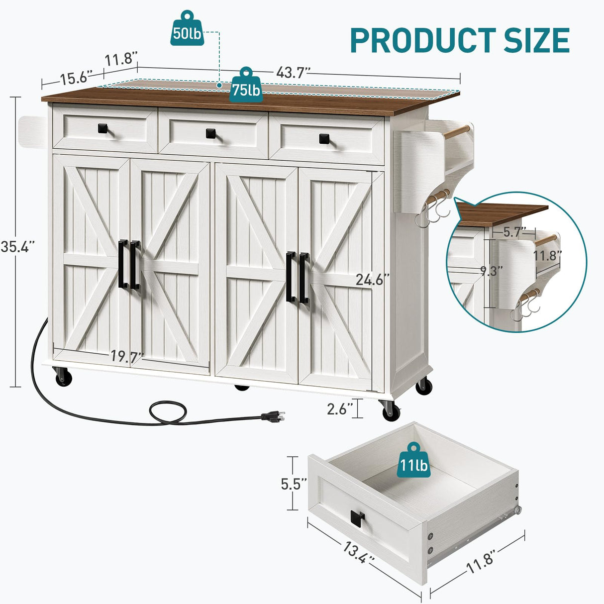RALGEND Kitchen Island with Drop Leaf, Kitchen Cart with Charging Station, Kitchen Table with Storage, Rolling Island Table with 3 Drawers, Towel Rack and Spice Rack, White and Walnut RALGEND