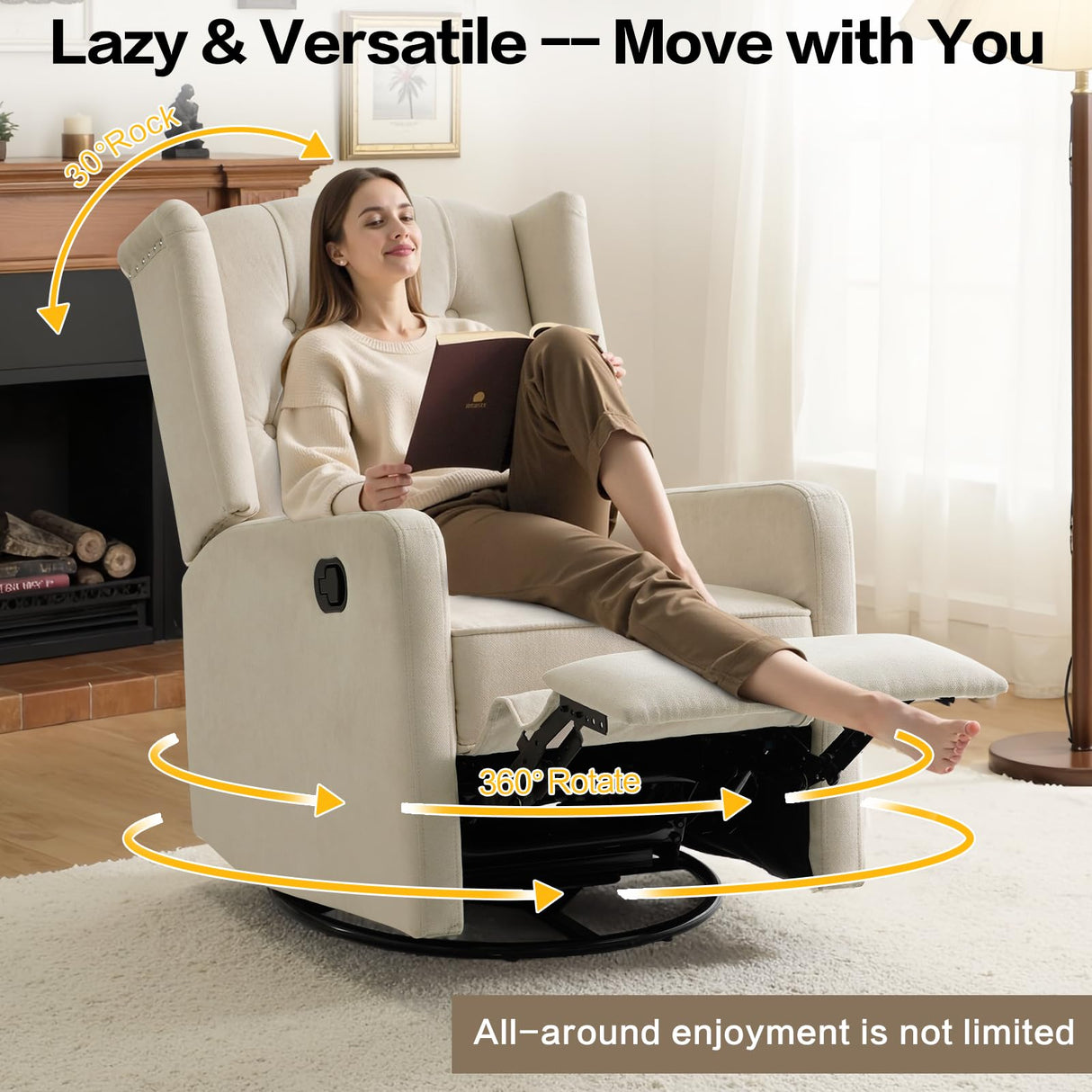 ABAKAN Swivel Rocker Recliner Chair, 360 Degree Nursery Rocking Recliner, Linen Glider Chair with Button Tufted Wingback Chair, for Living Room, Bedroom,Ash Beige ABAKAN