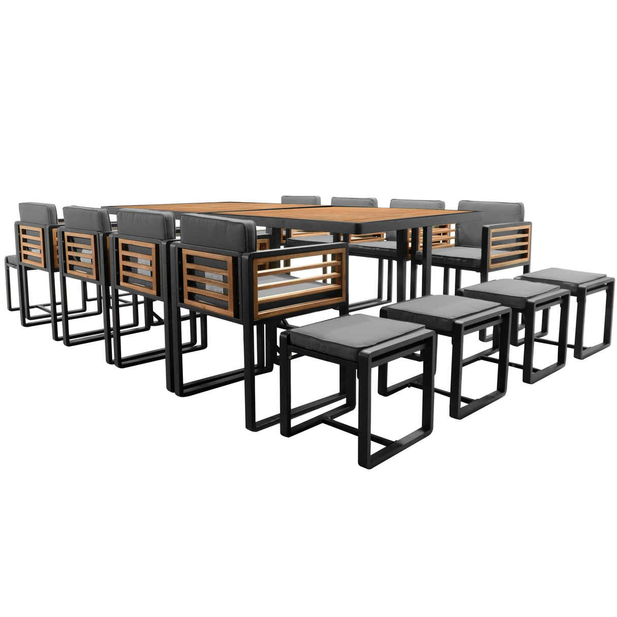 18-Pieces Acacia Wood Patio Dining Set, 8 Cushioned Chairs & 8 Ottomans & 2 Square Table,Space Saving Outdoor Patio Set for Backyard, Garden, Deck and Poolside (Gray/18) CKLMMC