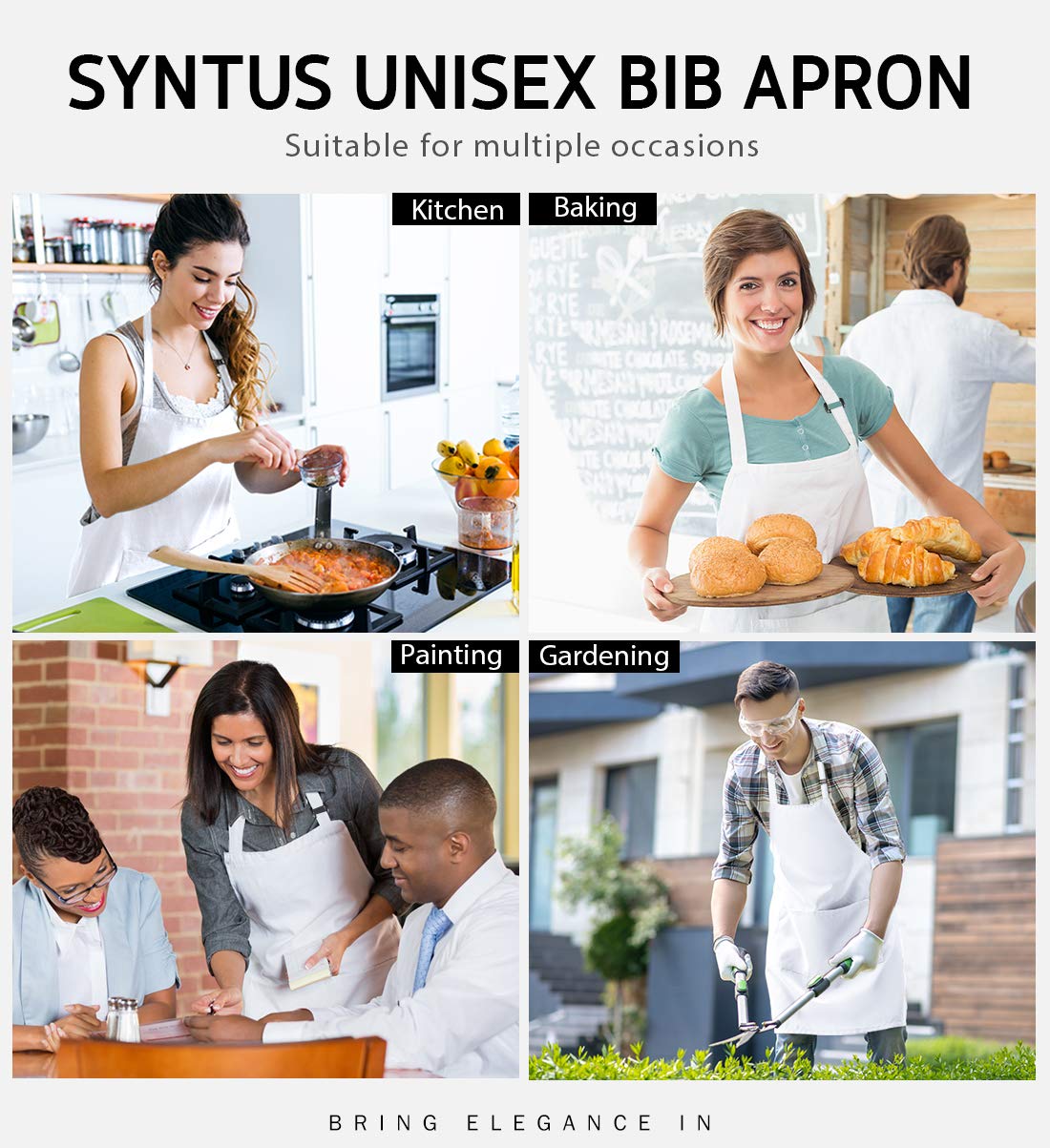 Syntus 2 Pack Adjustable Bib Apron Waterdrop Resistant with 2 Pockets Cooking Kitchen Aprons for BBQ Drawing, Women Men Chef, White Syntus