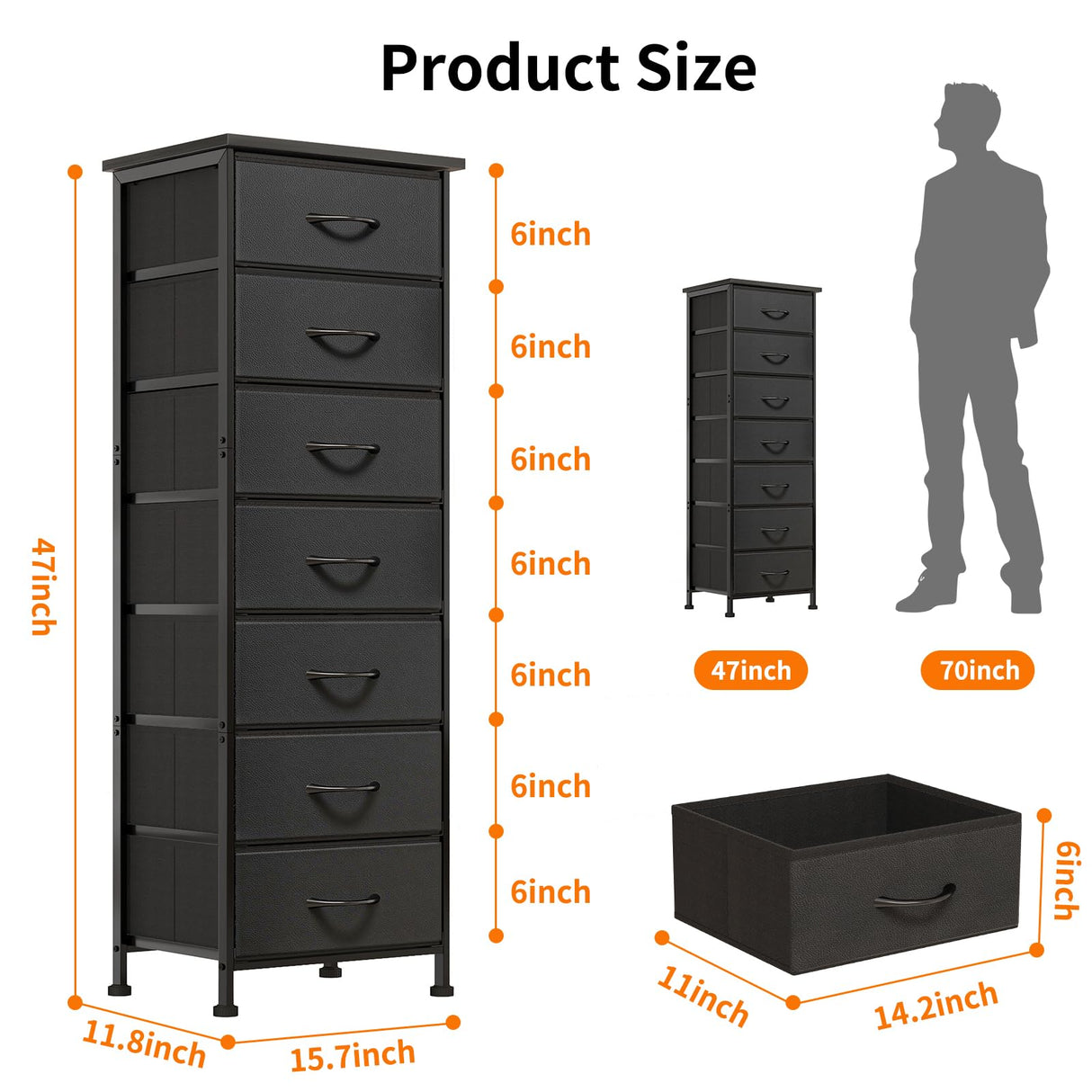 Fixwal Black Tall Dresser for Bedroom, Storage Dresser Organizer with 7 Fabric Drawers, Nightstand Furniture in Closet, Entryway, Hallway Fixwal