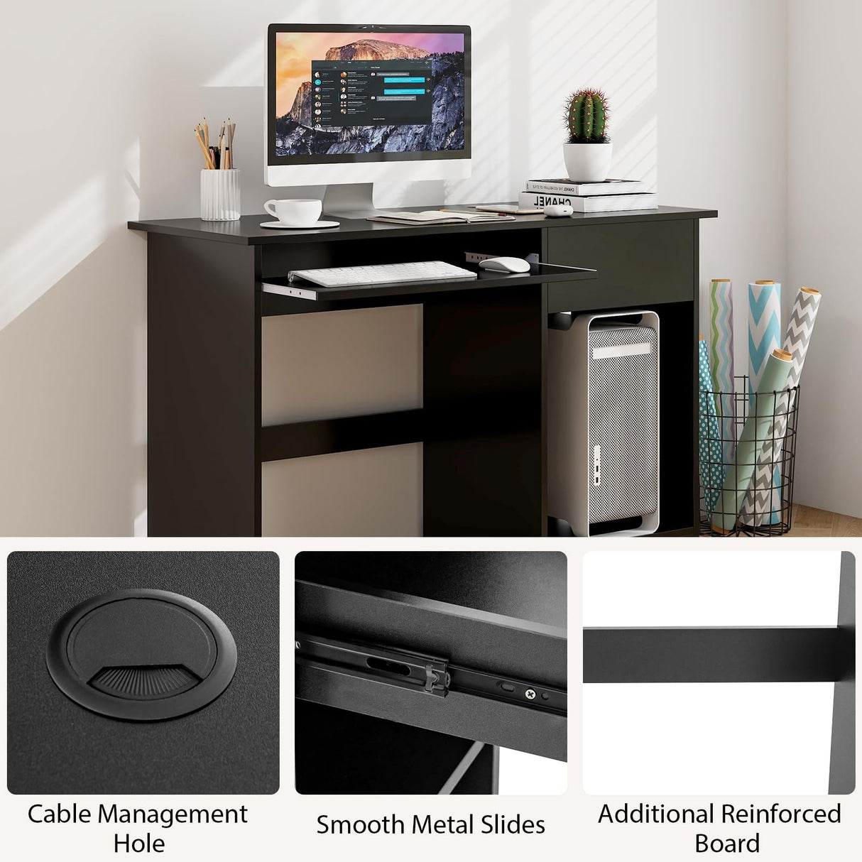 Tangkula Black Desk with Drawer, Wooden Computer Desk with Pull-Out Keyboard Tray & Adjustable Storage Shelves, Modern Laptop PC Desk with CPU Stand, Writing Study Desk for Bedroom (Black) Tangkula