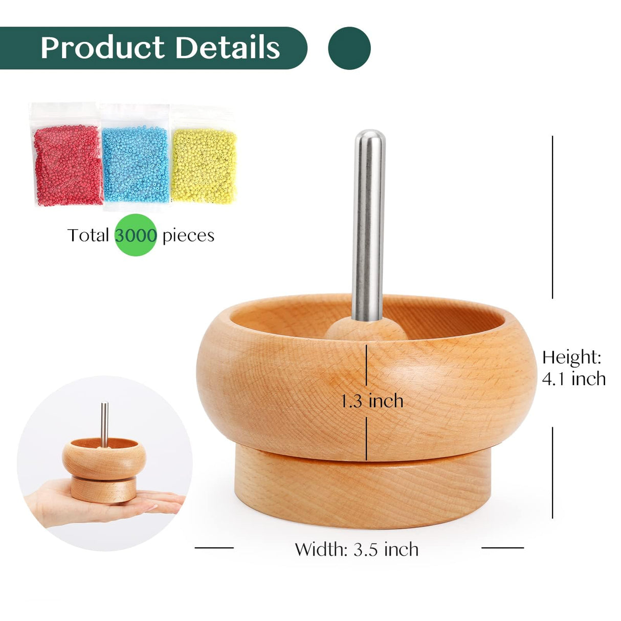 Tilhumt Bead Spinner for Jewelry Making, Effortless Rotating Wooden Clay Bead Spinner with 2 Big Eye Beading Needles and 3000 Seed Beads, Beading Supplies for Making Waist, Bracelets, Necklace Tilhumt