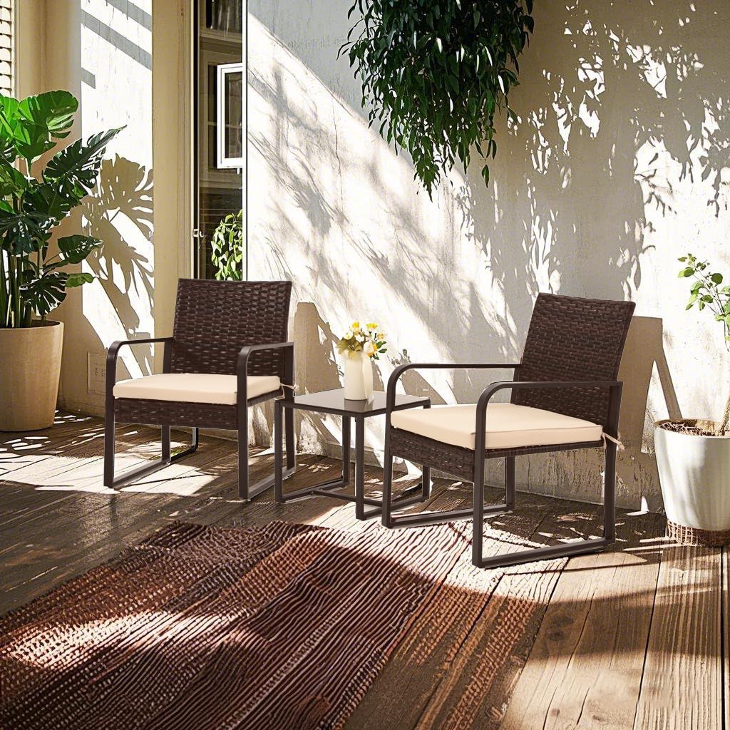Bezseller 3 Piece Outdoor Patio Furniture Set, Patio Bistro Set Wicker Conversation Set, Modern Rattan Chair with Glass Coffee Table for Backyard, Porches, Poolside, Lawn and Balcony Bezseller
