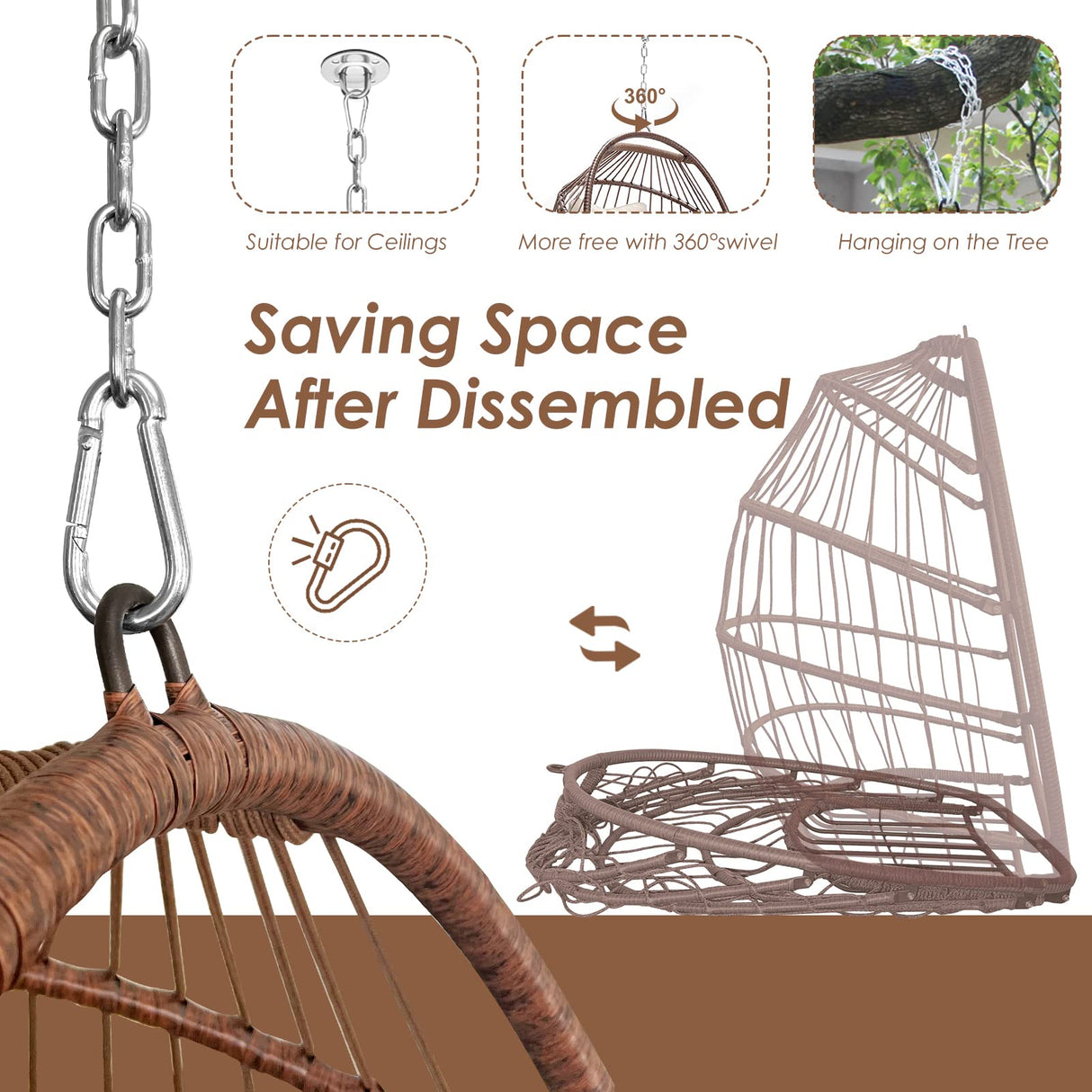 RADIATA Egg Chair Without Stand Luxury Outdoor Patio Wicker Hanging Swing Egg Chairs with Water Resistant Cushions for Patio Backyard Balcony (Brown) RADIATA