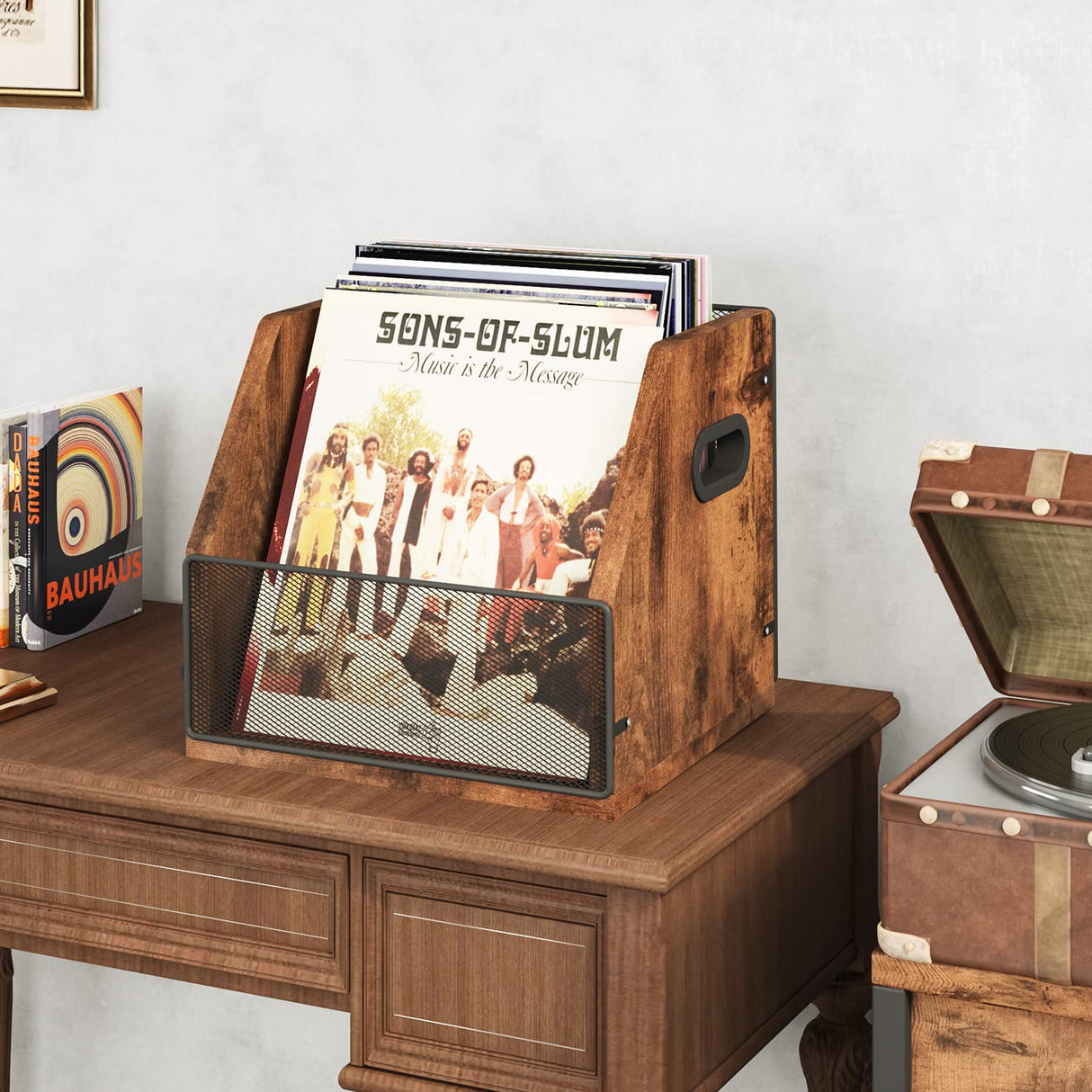 Homeiju Vinyl Record Storage, Record Box Case Crate, Vinyl Record Album Holder, Desktop Metal & Wooden LP Record Crate, Holds up to 60 Records(Patent No.D1024563 Homeiju