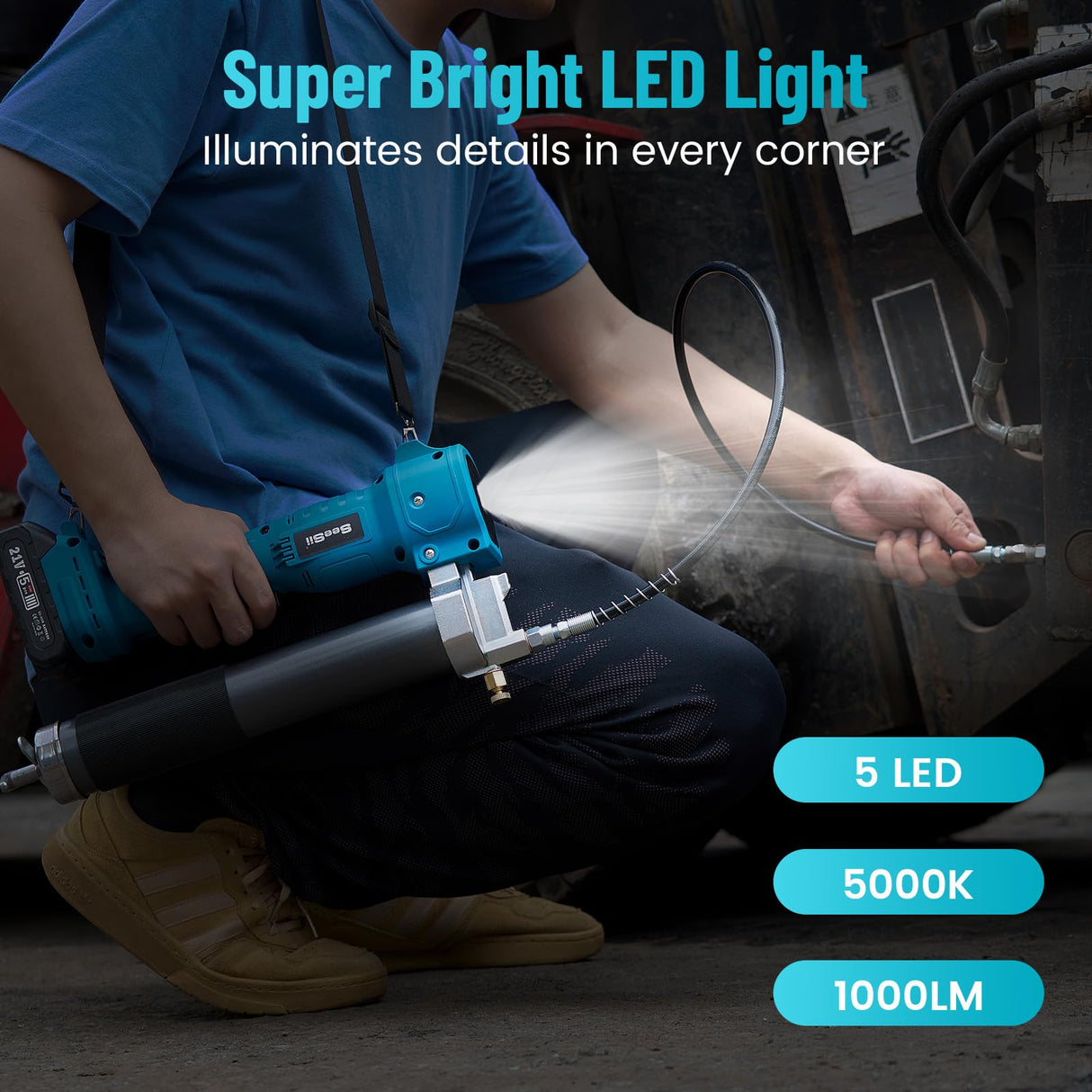 Seesii Grease Gun, 2025 Upgrade Battery Grease Gun with Ultra Bright LED Light, 10000 PSI Electric Grease Gun with 2 Batteries and Charger, 39.4" Long Hose, Perfect Tool for Machinery Maintenance Seesii