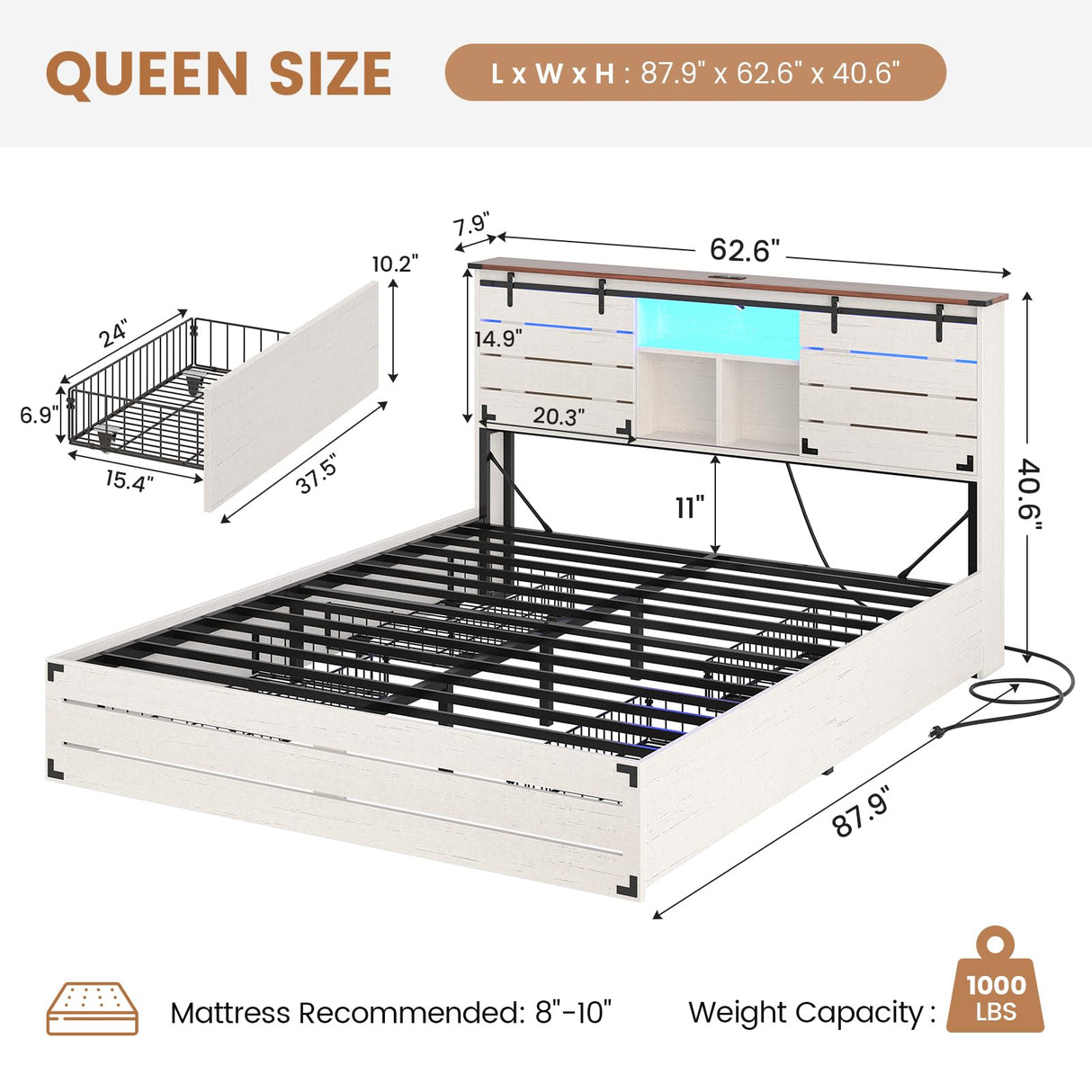 VIAGDO Wooden Bed Frame Queen Size with Bookcase Headboard and Sliding Barn Door, Farmhouse Queen Bed Frame with Charging Station, LED Lights and 4 Storage Drawers, No Box Spring Needed, White VIAGDO