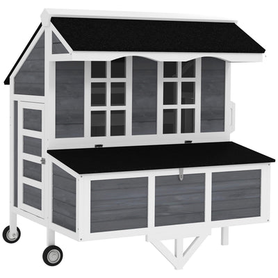 PawHut 43" Chicken Coop with Wheels, Mobile Chicken House with Nesting Box, Windows, Pull-Out Tray, Perches, Wooden Chicken Tractor for 2-4 Hens, Rabbits, for Backyard, Patio, Gray