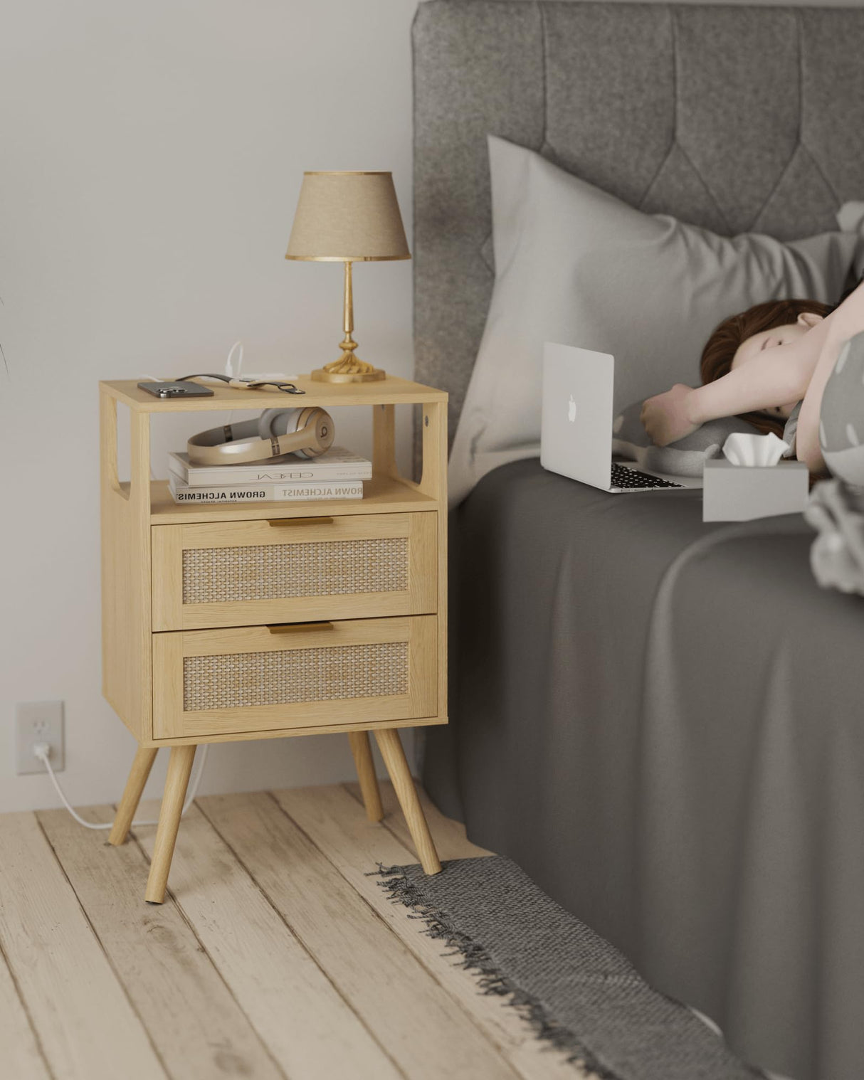 Veegle Rattan Nightstand with Charging Station,Modern Bedside Table with 2 Storage Drawer and Open Wood Shelf, for Bedroom and Small Spaces,Night Stand with Solid Wood Legs (Yellow Oak) Veegle