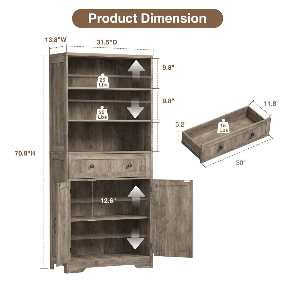 71"H Farmhouse Tall Storage Cabinet, Kitchen Pantry Cabinet with Barn Doors and Adjustable Shelves, Floor Standing Bookshelf 5 Tier Bookcase for Living Room, Kitchen, Basement,Bathroom, Grey FiveWillowise