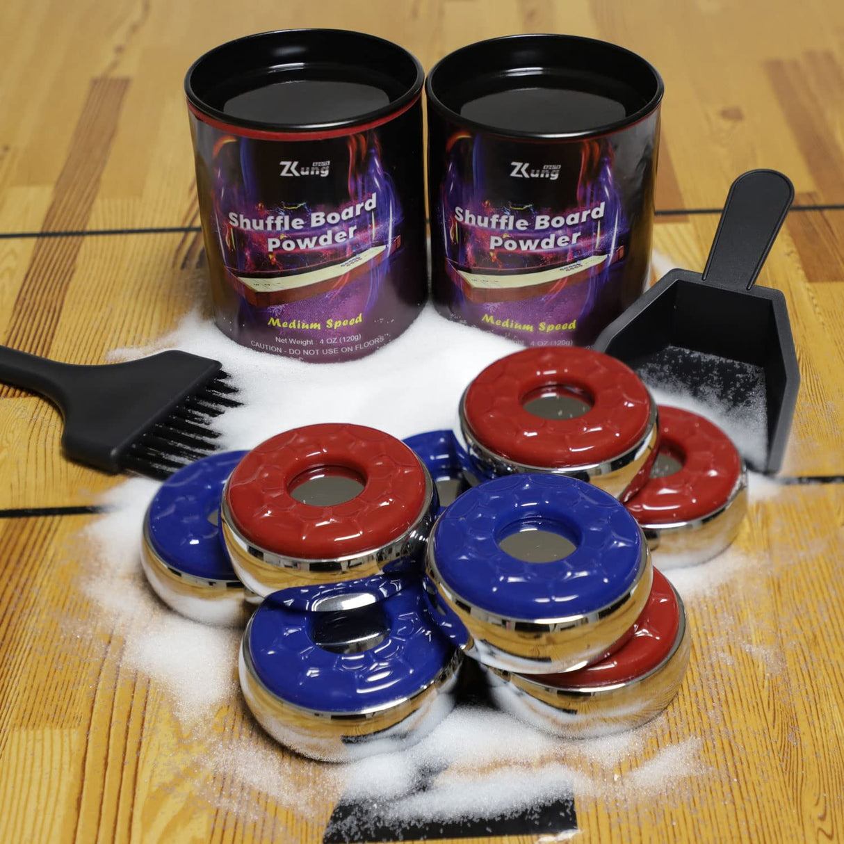 Shuffleboard Pucks with Shuffleboard Sand Set - 2 1/8 Shuffleboard Table Pucks with 2 Cans Shuffleboard Wax Medium Speed and Mini Brush and Dustpan Set YDDS