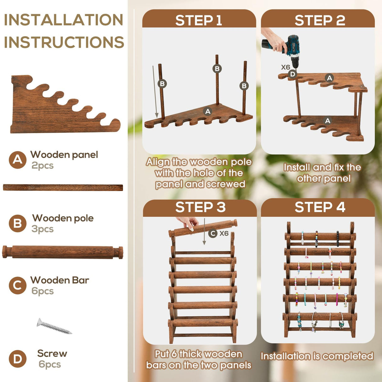 Marsui Wooden Bracelet Stand and Display 6 Tier Bracelet Holder Organizer Displays for Selling Stand for Jewelry Bangle Watch Store Showcase Home Storage Display(Brown) Marsui