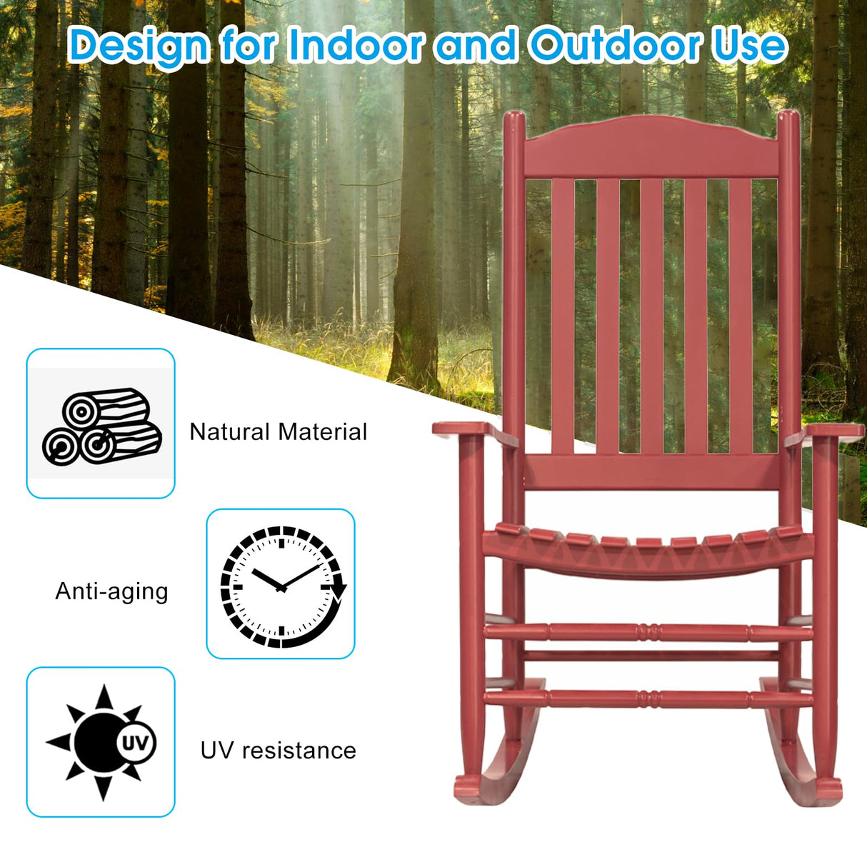 D&F Design Outdoor Rocking Rocker, Wood Rocking Chair with High Back and Curved Seat, UV Treated (Red), Outdoor and Indoor use D&F Design