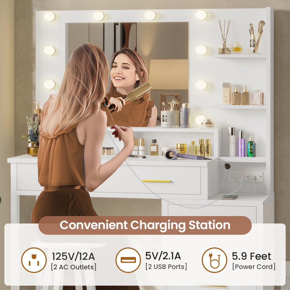 Tiptiper Makeup Vanity with Lights, Vanity Desk with Charging Station, White Vanity Table with 10 Light Bulbs Mirror & 3 Lighting Modes, Makeup Desk with Drawers, Nightstand and Storage Shelves Tiptiper