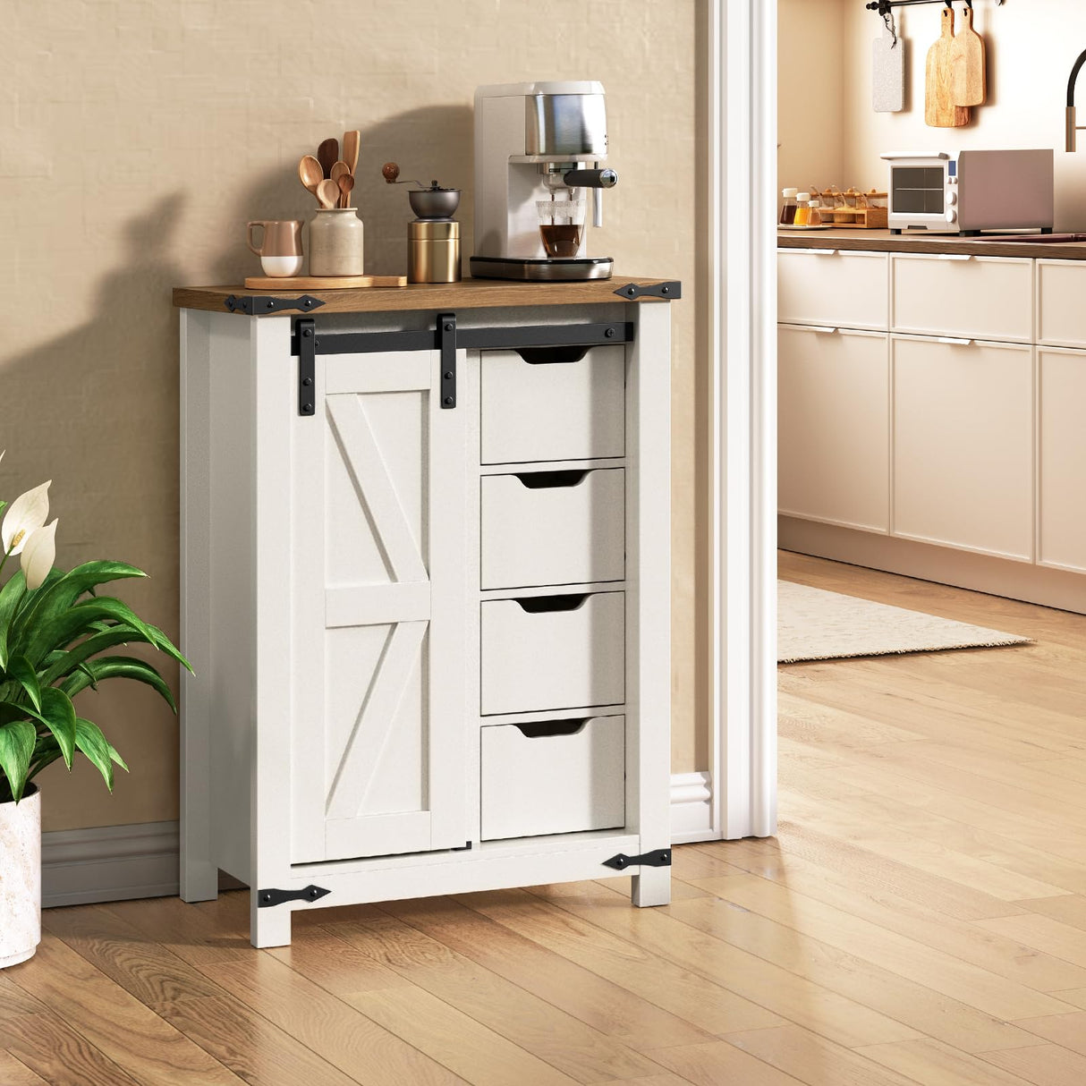 HOOBRO Bathroom Storage Cabinet, Farmhouse Kitchen Pantry Cabinet with Sliding Barn Door, Adjustable Shelf and 4 Drawers, Large Capacity, 11.8" D x 23.6" W x 31.9" H, Easy Assembly, White and Walnut HOOBRO