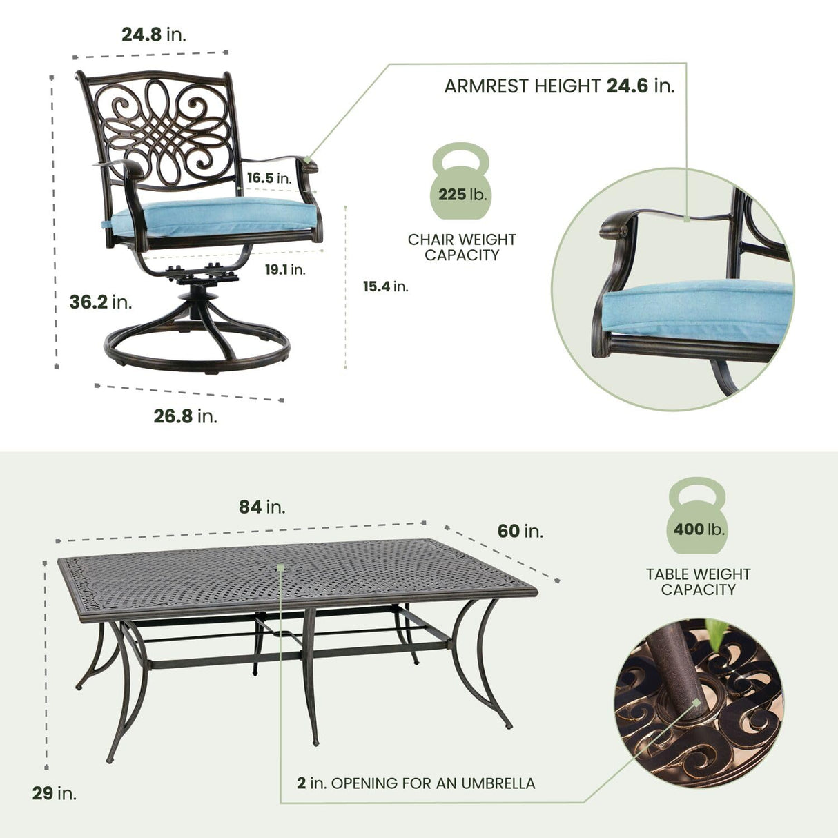 Hanover Traditions 11-Piece Modern Outdoor Dining Set with Rust Resistant Cast Aluminum Rectangular Large Dining Table and 10 Swivel Rocker Chairs with Plush Weather Resistant Blue Cushions Hanover
