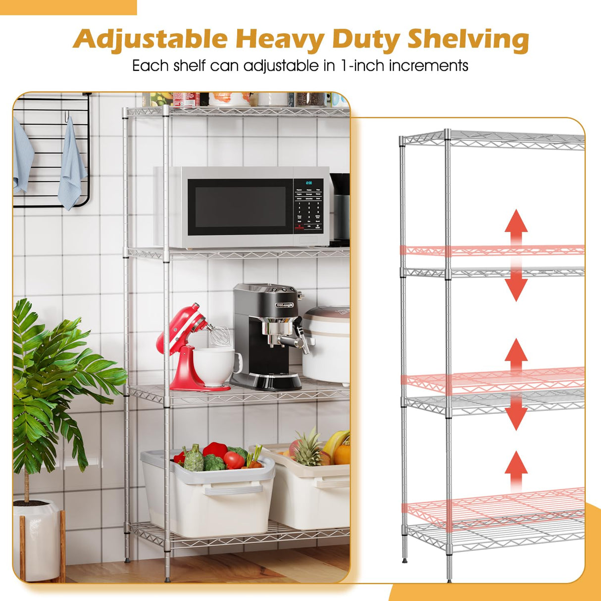 PayLessHere 4 Tier Shelving Unit 13.4" D×35" W×53.7" H Metal Shelving Standing Storage Shelf with 4 Steel Frame Adjustable Layer Racks Metal Commercial Shelf for Kitchen, Garage (Chrome) PayLessHere