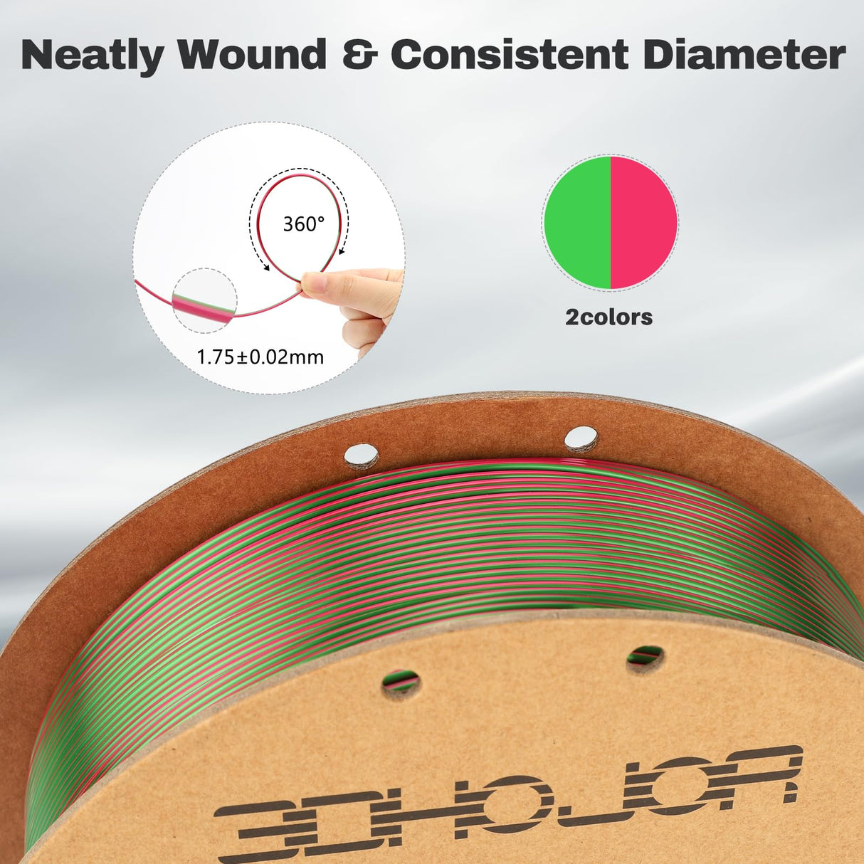 3DHoJor Silk PLA Filament 1.75mm Red Green Dual Color PLA 3D Printer Filament 2 in 1 Coextrusion 1KG Spool(2.2lbs) 3D Printing Filament Dimensional Accuracy +/- 0.03mm Fits for Most FDM 3D Printers 3DHoJor