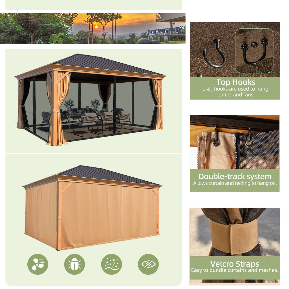 YOLENY 12' x 16' Hardtop Gazebo Metal Gazebo with Faux Wood Grain Aluminum Frame, Galvanized Steel Single Roof, Outdoor Patio Gazebo Pergolas with Netting and Curtains for Backyard, Patio, Lawns YOLENY